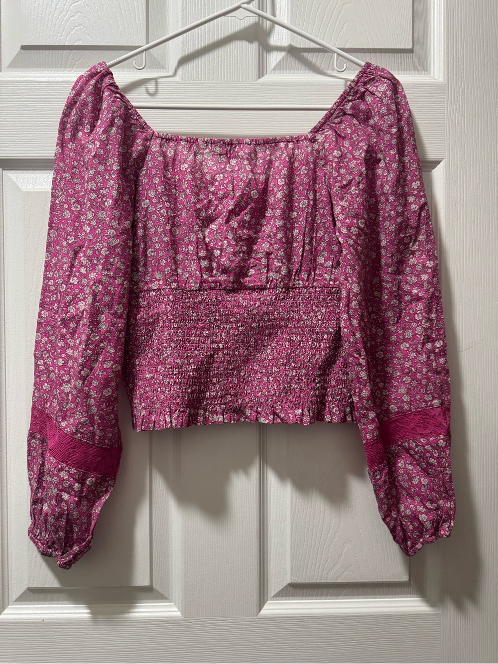American Eagle Outfitters Magenta Floral Smocked Peasant Top